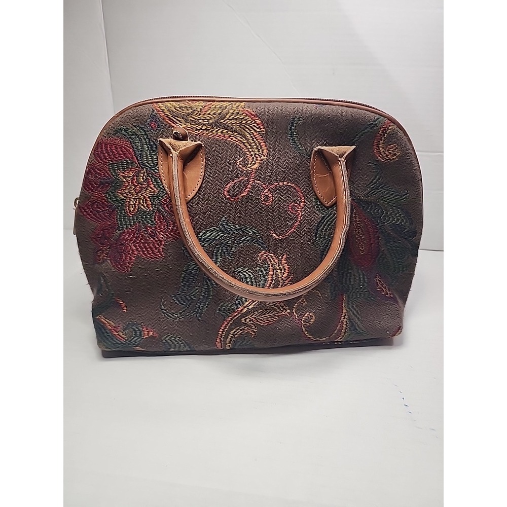 Heckathorn‎ Tapestry Purse Floral Paisley Boho Red Green Earthy Leather Handles